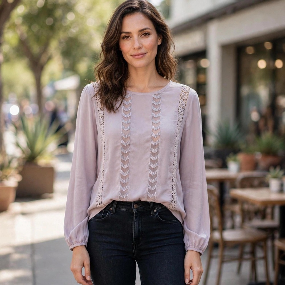 Sundance Womens Dusty Rose Crochet Lace Mesh Chevron Long‎ Sleeve Blouse Top L